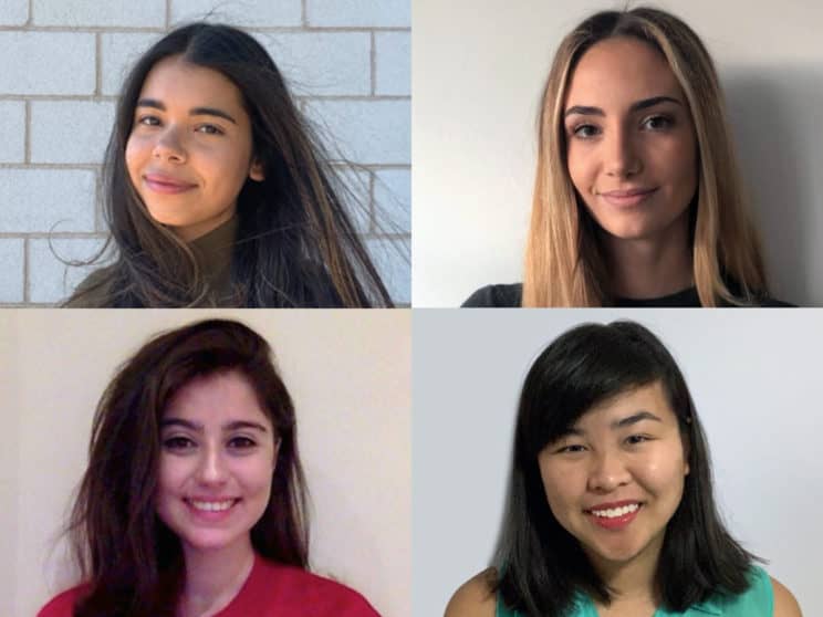 BIOMEDICAL SCIENCES STUDENT HALA ABU NAHIA, BIOMEDICAL ENGINEERING STUDENT LIANNA MARRAFFINO, BIOMEDICAL ENGINEERING STUDENT NIKA MOMENI AND BIOMEDICAL ENGINEERING STUDENT MEGAN YIU.